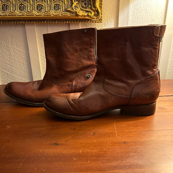 FRYE Womens Melissa Leather Button Zip Short Brown Boots Size 8.5 - Picture 1 of 11